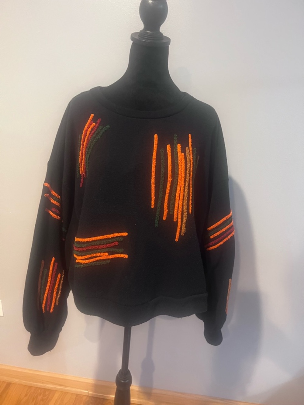 Zara Black Crewneck Sweater with Orange and Green Stitch Accents